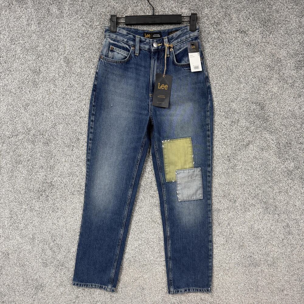 Lee Vintage Modern Jeans Womens 24 24x27 Blue High Rise Straight Patchwork Denim